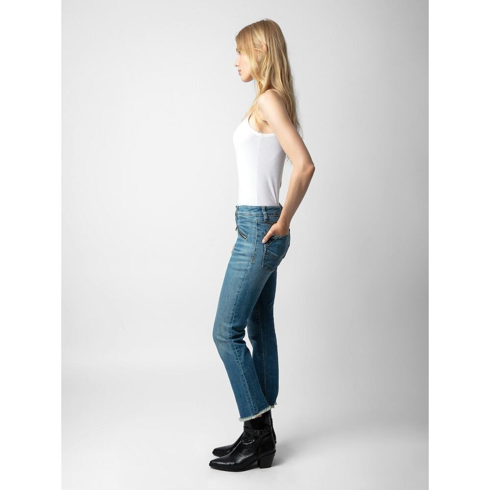 Zadig & Voltaire Ava Eco Denim Kick Flare Raw Hem Zip Detail Jeans Sz 25 - Picture 3 of 9